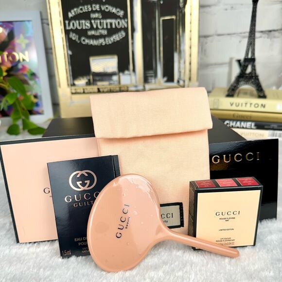 Gucci beauty pink handheld mirror, mini lipstick trio set with Gucci sam…